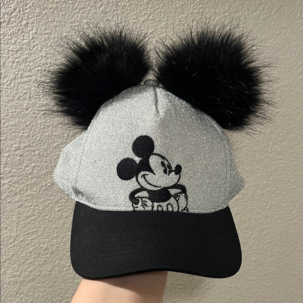 Mickey Mouse Glitter Cap with Pom Poms